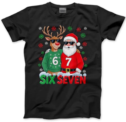 HotScamp Six Seven Christmas Top for Kids, Teens and Adults – 67 Rudolph Reindeer 6-7 Slogan T-Shirt - 6 7 Graphic Tee Festive Meme Christmas Jumper Day Tshirt - 7-8 Years Black