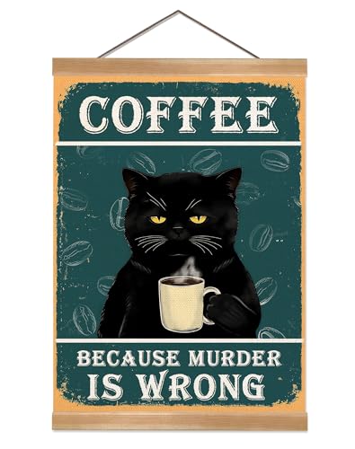 ZTGDA Vintage Coffee Bar Wall Art – Retro Linen Canvas Poster with Wooden Frame, Rustic Coffee Shop Decor for Café, Dining Room, Office or Home 12x16inch(Cat)