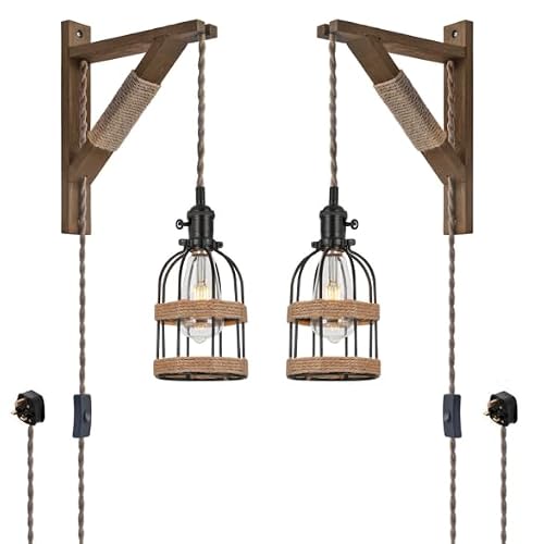 Image of SEEBLEN Rustic Plug in Pendant Lights Set of 2,Farmhouse Wooden Wall Sconces with 6.5ft Braided Cord & On/Off Switch,Industrial Hanging Lamps for Bedroom, Reading,Kitchen, Entryway