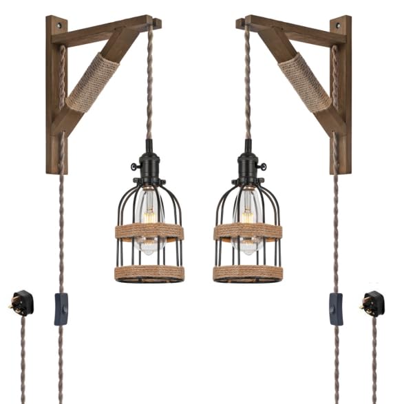 SEEBLEN Rustic Plug in Pendant Lights Set of 2,Farmhouse Wooden Wall Sconces with 6.5ft Braided Cord & On/Off Switch,Industrial Hanging Lamps for Bedroom, Reading,Kitchen, Entryway