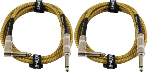 Image of GLS Audio Instrument Cable - Amp Cord for Bass & Electric Guitar - Straight to Right Angle 1 /4 Inch - Brown /Yellow Braided Tweed - 6ft Electric Guitar Cable (Pack of 2)