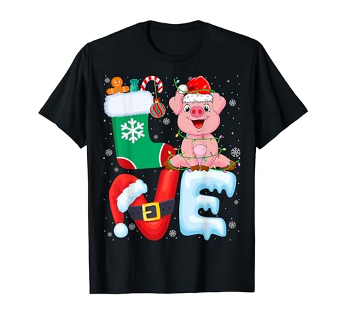 Pig Wearing Santa Hat Xmas Tree Lights Pig Lover Christmas Camiseta