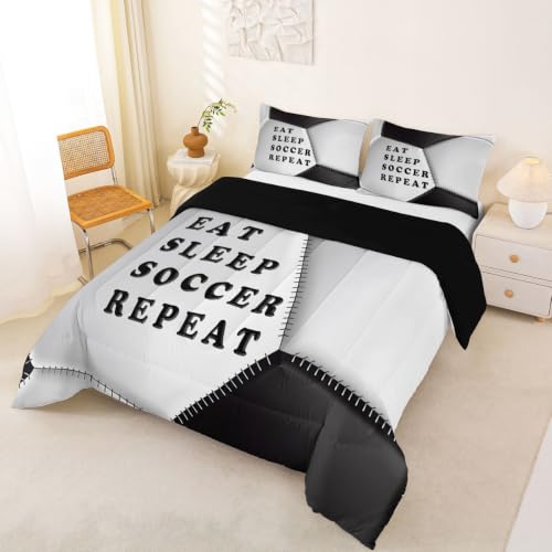 Image of Feelyou Soccer Comforter Set Queen Size Football Bedding Set for Kids Boys Girls Eat Sleep Sports Theme Duvet Quilt Bedroom Decor Microfiber 3 Pcs with 2 Pillow Cases
