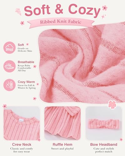 Image of SODLON Baby Girl Clothes Toddler Fall Winter Outfits Ruffle Long Sleeve Bow Top Flared Pants Set Bell Bottom Clothing 18M-5T