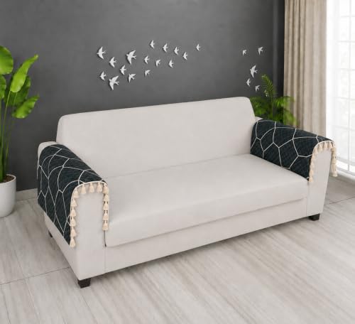Image of Velvet Quilted Sofa Armrest Covers (Pack of 2) | Black | Anti-Slip Soft Washable Arm Covers with Tassels | 24 x 27 Inches (Half)