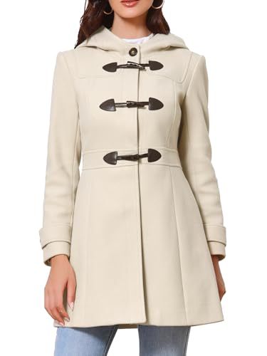 Image of Allegra K Winter Pea Coat for Women Mid-thigh Hooded Trench Toggle Duffle Overcoat with Pockets Small Beige