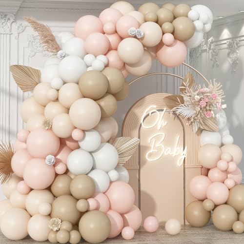 Image of Neutral Balloons Arch Kit, Cream Peach Boho Balloons Garland with Double Stuffed Sand White Balloon and Light Pink Balloon for Baby Shower Birthday Wedding Bridal Shower Party Decorations