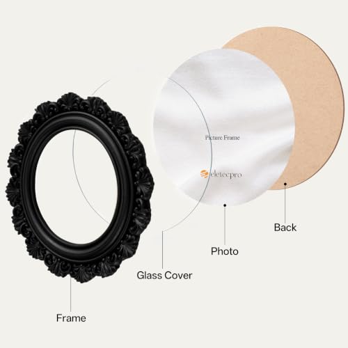 Image of eletecpro 4x4 Round Picture Frame with Glass Cover, Black | Retro Ornate Gothic Photo Frame for Tabletop or Wall Mount Decor