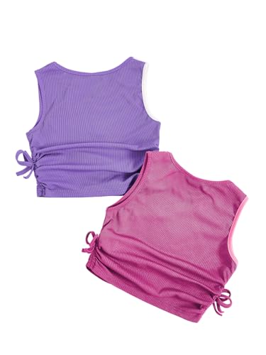 Milumia Girl's 2 Pack Color Block Ruched Knot Side Knit Round Neck Crop Tank Tops2