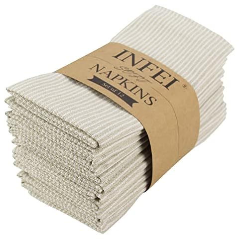 INFEI Narrow Striped Cotton Linen Blended Dinner Cloth Napkins - Set of 12 (40 x 40 cm) - for Events & Home Use (Beige) Cover