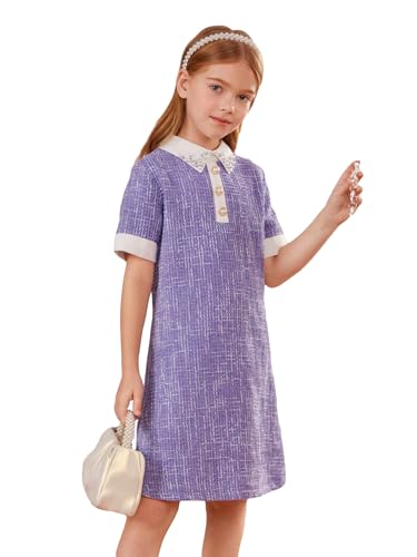WDIRARA Girl's Pearls Trim Tweed Contrast Collar Button Front Short Sleeve Casual Dress