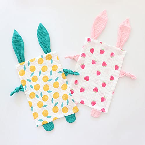 Image of Emenpy Bunny Security Blanket for Boys and Girls,Cotton Soft Breathable Muslin Soothing Towel Appeasing Toy for Infant,Newborn Gift,2 Pcs Set (Strawberry&Orange)