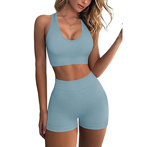 Conjunto deportivo de mujer con pantalones cortos de yoga acanalados y brasier de gimnasio