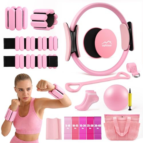 Uyittour 16PCS Pilates Kit Home Pilates Workout Kit with Ankle Weights Pilates Ring and Ball Set for Women Pilates Equipment with Resistance Bands Core Sliders & Socks for Starter Home Workouts