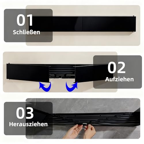 Wäscheständer Wandmontage, Wäschetrockner Wand mit 4 Stangen, Trockenständer 50cm, Ausziehbar, Faltbar Hide, Platzsparender, Kohlenstoffstahl, für Badezimmer, Balkon, Terasse (Schwarz mit Haken)