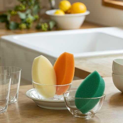 Image of Kamenoko Sponge Do - Set of 3 - Orange - Leaf - Kitchen Sponges for Cleaning Dishes and Pans - Odor-Resistant - Made in Japan