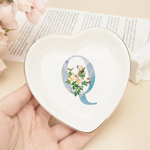 Plato de joyería con inicial Q UanMere mini bandeja cerámica de 4 pulgadas para anillos 3