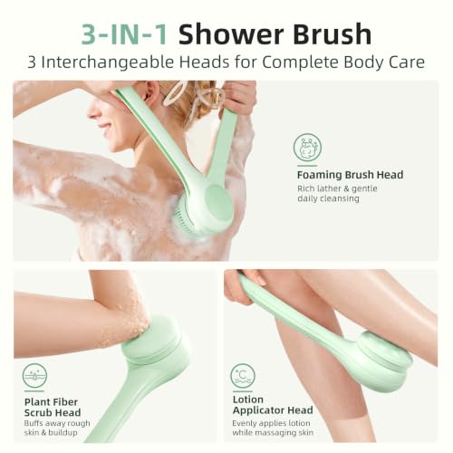 Image of Electric Body Brush, Back Scrubber for Shower with Long Dual Handle, Waterproof Power Shower Brush with 3 Interchangeable Heads & 2 Speeds for Cleansing, Exfoliating and Massage, Classic Green