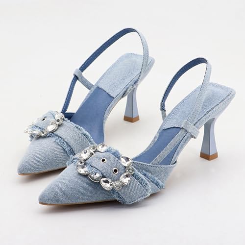 Women's Rhinestone Slingback Denim Kitten Heels,Sexy Closed Pointed Toe Slip On Comfortable Low Heel Dress Pumps for Wedding Party Evening3