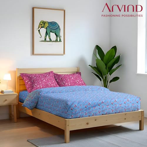 Image of Arvind Bedsheet Set - 100% Cotton Bedsheet for Double Bed (1 Queen Size Bedsheet with 2 Pillow Covers) Soft Breathable, 144 Thread Count - Slumber -Shade 8 (21026-B)