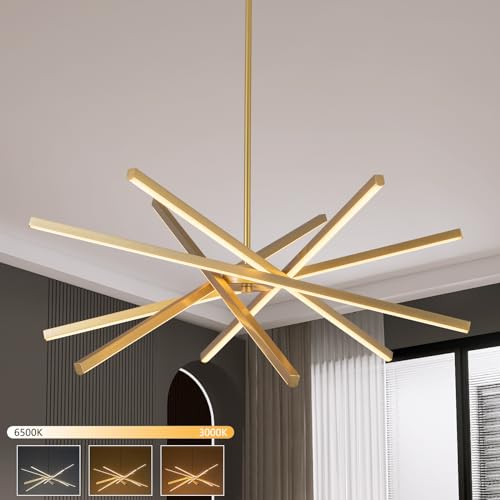 HOGBU Modern Gold Chandelier Light Fixtures - LED 6-Lights Dining Room Linear Chandeliers Pendant Lights Fixture Over Table 3000K 4500K 6000K 3-Color Dimmable for Kitchen Island Living Room
