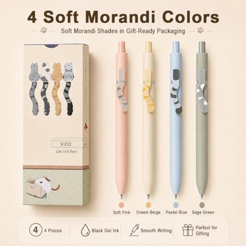 VICO Cat Pens, 4 Pcs Cute Kawaii Gel Pens, 0.5mm Black Ink Fine Point Retractable Pens, Quick Dry Smooth Writing, Back to School Supplies & Cat Lover Gifts
