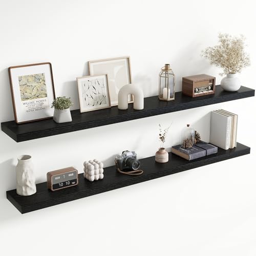 Image of 72 Inch Floating Shelves for Wall, 8 Inch Deep Floating Shelf for Storage & Display, Rustic Wall Mounted Shelf with Invisible Brackets for Living Room, Kitchen, Bathroom, Home Decor, Set of 2, Black