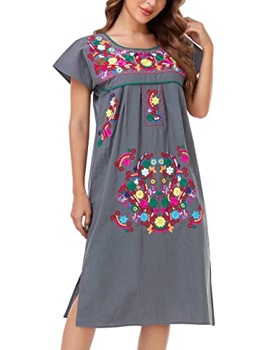 Image of YZXDORWJ Women Mexican Embroidered Long Dress Ruffle Collar Maxi Boho Floral Summer Short Sleeve