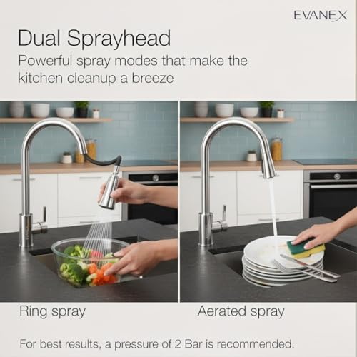 Image of EVANEX Kitchen Facuet | 304 Grade Stainless Steel Pull Down Kitchen Faucet | 360 Degree Rotating Tap for Sink | Water Saving Aerated Flow | Deck Mounted Kitchen Sink Faucet
