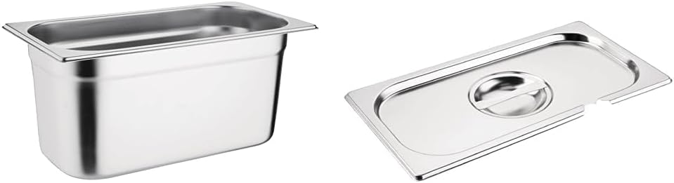 Vogue K934 Stainless Steel 1/3 Gastronorm Pan 5.7Ltr/150mm Deep Food Container, Silver & CB173 Stainless Steel 1/3 Gastronorm Notched Lid Cover Top Food Storage, Silver