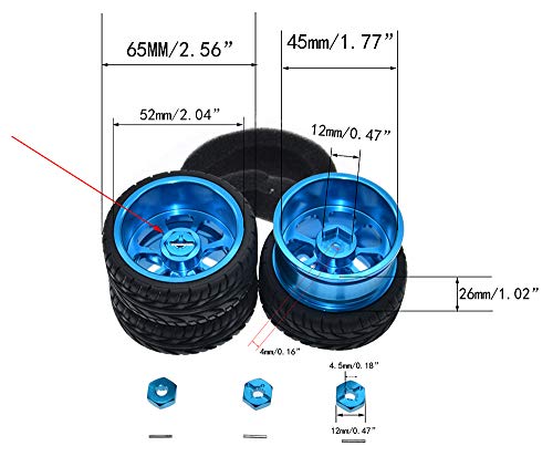 Metal Rims & Wheel Tyres & Hex Adapters for 1/18 WLtoys RC Car A959-B A979-B A959 A969 & 1/10 On-Road car Aluminum Upgrade Parts Full Set(Blue)