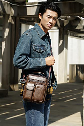 WEIXIER Bolsas Masculinas de Ombro de couro bolso duplo 3 cores (marrom escuro)