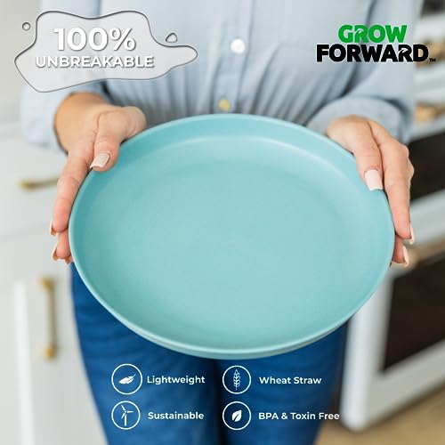 Grow Forward Premium Wheat Straw Plates - 10 Inch Reusable Hard Plastic Dinner Plates Set of 8 - Unbreakable Microwave Safe Plates for Dessert, Camping, RV, Outdoors, Patio, Kitchen Dishes - Seascape - Thumbnail 4