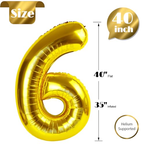 Image of Gold 6 Balloon, Number Balloon 40 Inch, Gold and Black Party Supplies 6th Balloons for Birthday, 6 Birthday Balloon, Number 6 Balloon