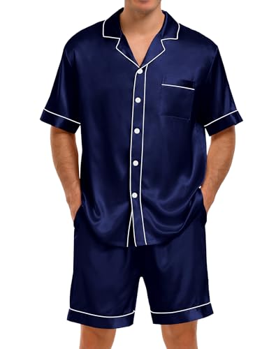 Catálogo para Comprar On-line Pijamas de una pieza para Hombre los preferidos por los clientes. 48 SWOMOG - Conjunto de pijama de satén para hombre, 2 piezas, ropa de descanso, con botones, playera de manga corta y pantalones cortos con bolsillos, Azul Marino Profundo, M
