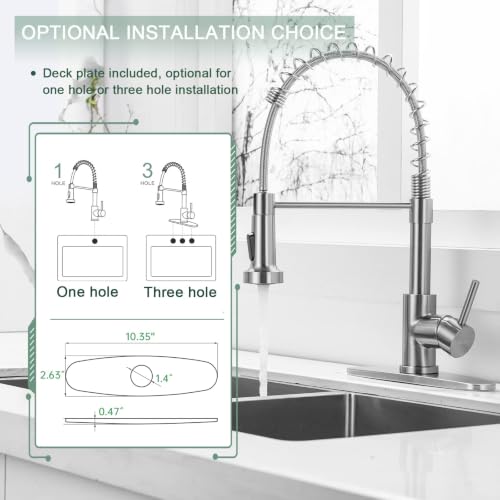 Image of WEWE Brushed Nickel Kitchen Faucet with Pull Down Sprayer, Single Handle Stainless Steel Sink Faucet with Deck Plate, 1 or 3 Hole Faucet for Kitchen, Laundry and RV
