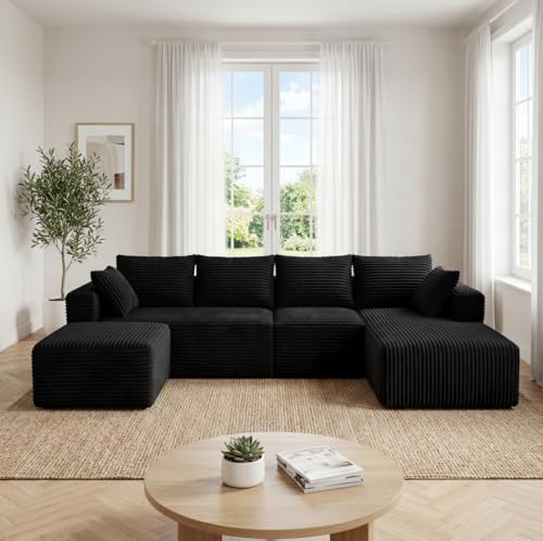118' Modular Sectional Sofa with Chaise and Ottoman, Oversized U-Shaped Corduroy Cloud Couch, Deep Seat Boneless Couch for Living Room, No-Assembly - Black (Right Facing Chaise)