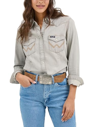 Wrangler Womens Long Sleeve Western Snap Work Shirt Blouse, Gray, X-Large US