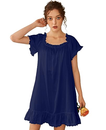 Image of Nanxson Women's Cotton Nightgown Short Sleeve Sleepwear Vintage Nightshirt | Summer Victorian Sleepdress,White Sleepshirt,U Neck Lace Loungewear,Soft Nightshirt,Loose Loungedress,Bride Nightwear
