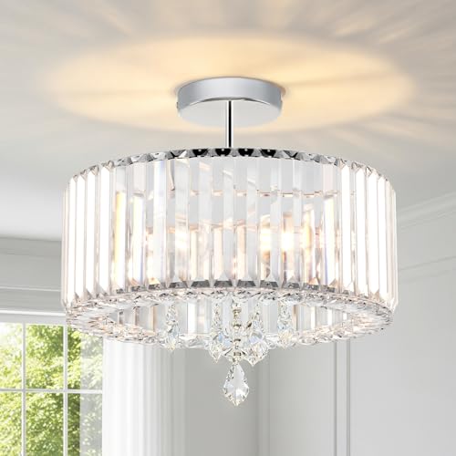 ANWIO Lampadari Cristallo Argento, Plafoniera in Cristallo Soggiorno E27 con 3 Luci, Lampada Sospensione Moderno in Vetro, Lampada da Soffitto Argento Per Camere da Letto,36.5 CM (Senza Lampadine)way