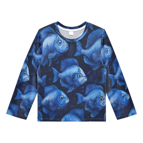 Blue Fish Pattern Boys Rash Guard Long Sleeve UPF 50+ Boys Swim Shirt Quick Dry Shirt for 3-12 Years
