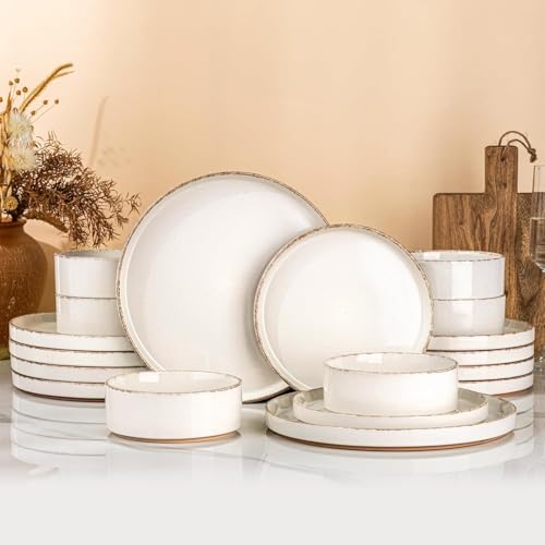 Image of AmorArc Ceramic Dinnerware Sets for 4, 12 Pieces Handpainted Plates and Bowls Set with Rustic Terracotta Underside, Scratch Resistant Stoneware Dishes Set, Dishwasher & Microwave Safe