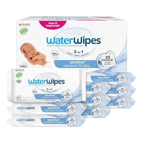 WaterWipes Sensitive+ Newborn & Baby Wipes, Feuchttücher für Neugeborene und Babys, 540 Stück (9 Packungen), 3-in-1-Reinigung, Pflege, Schutz, 99,9% Wasser, parfümfrei