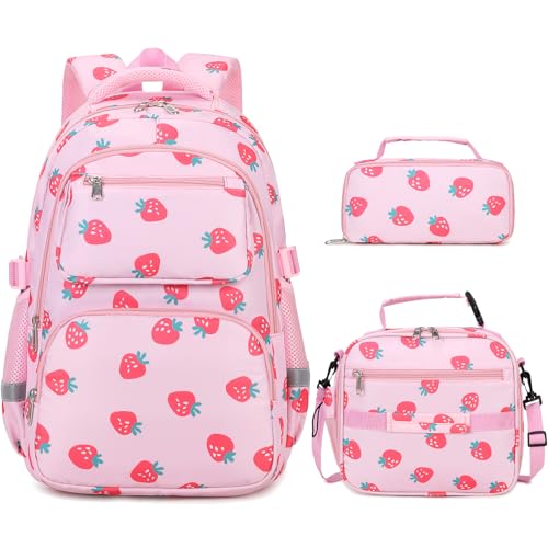 Image of DIGOBAY Kids Backpack for Girls, 3PCS Toddler Girls Backpack Set with Lunch Box & Pencil Case, School Bag Cute Bookbag for Preschool Kindergarten Elementary Student Ages 3-12, Pink Strawberry