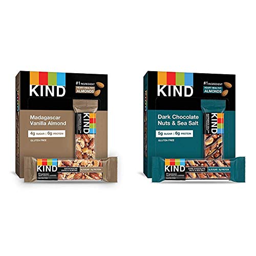KIND Bars, Madagascar Vanilla Almond, Gluten Free, Low Sugar, 1.4oz, 12 Count & Bars, Dark Chocolate Nuts & Sea Salt, Gluten Free, Low Sugar, 1.4 Ounce, 12 Count