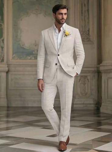 Men Linen Suits Set 2 Piece Linen Beach Wedding Suit Slim Fit Two Button Casual Lightweight Blazer Jacket2