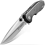 STEINBRÜCKE Pocket Folding Knife - Pocket Knife Assisted Opening Tactical Knife - EDC Knife 3” Titanium Coated Serrated Stainless Steel Sandvik 14C28N Blade, G10 Embedded Handle with Reversible Clip