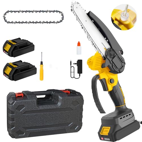 6-Inch Mini Chainsaw, Cordless Chainsaw, Light Weight Battery-Powered, with 2 Chains and Two high-Capacity Batteries, with Safety Lock and Brushless Motor for Pruning Trees and Cutting Wood
