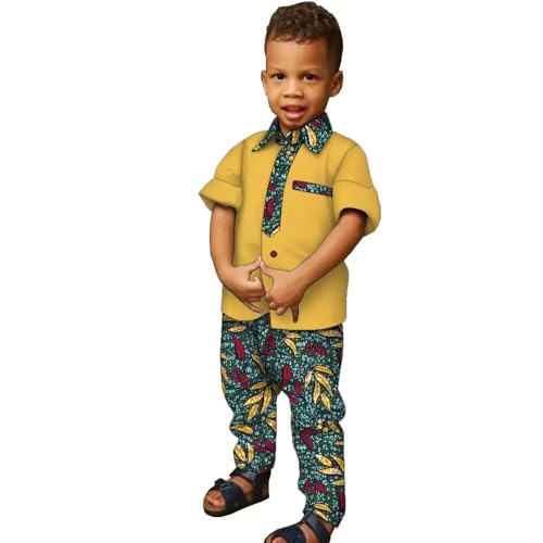Image of XIAOHUAGUA African Clothes for Boy Kids African Outfit 2 Pcs Set Kente Print Shirt and Long Pants