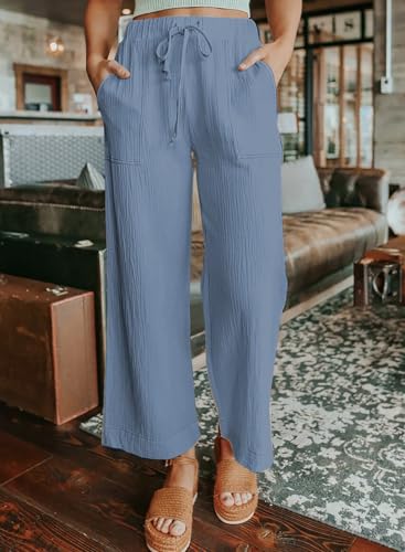 Casual Womens Drawstring Waist Crinkled Straight Wide Leg Pants with Pockets